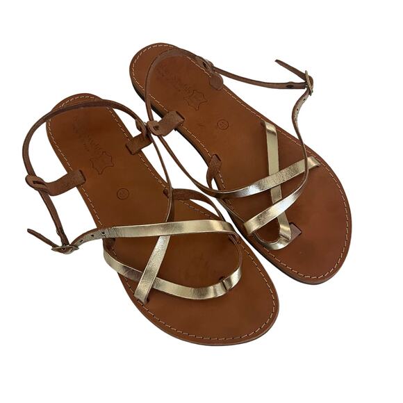 Tsakiris Sandal Made in Greece Women's 41 US 10 Leather Gold Strappy Thong - Picture 1 of 7